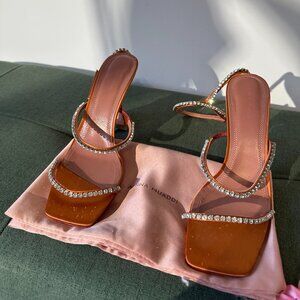 Amina Muaddi Gilda Embellished Ankle Strap Sandal Heels in Orange Satin